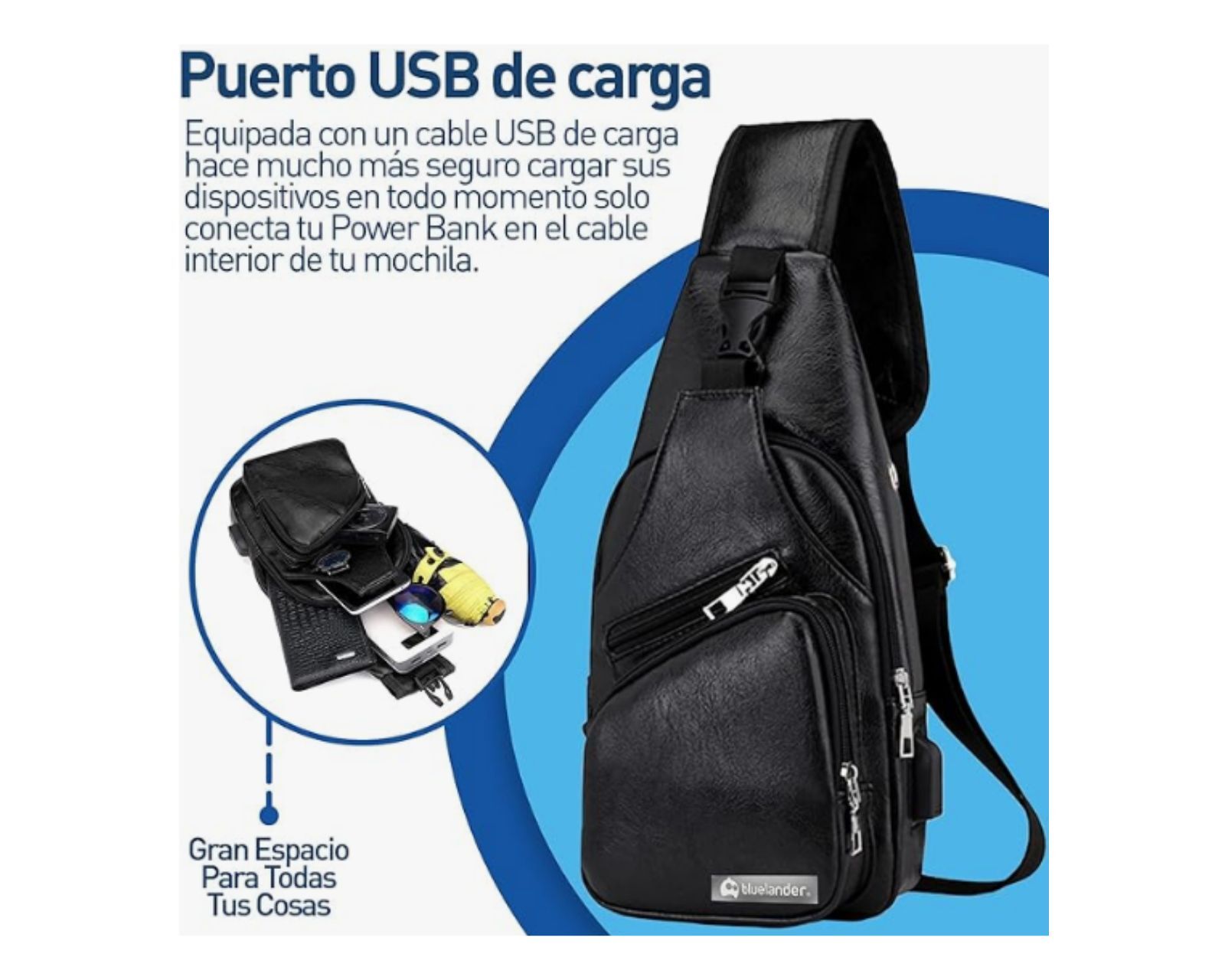 Foto 3 | Mochila Cruzada Bluelander Usb para Power Bank Cuero Sintético Impermeable Ligero para Hombre