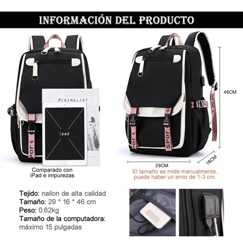 Foto 3 pulgar | Venta Internacional - Mochila con Puerto Usb Juvenil Negra