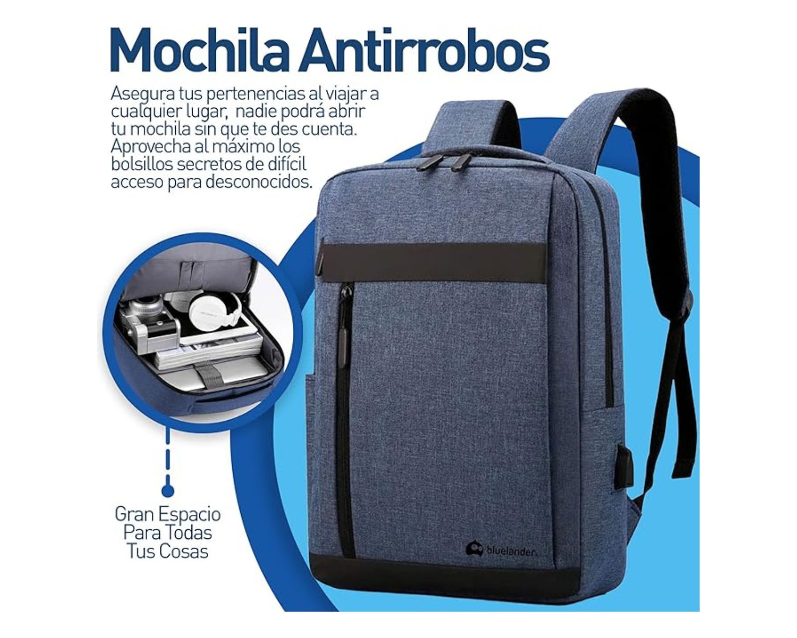 Foto 3 pulgar | Mochila Bluelander para Laptop de 15" con Puerto USB para Power Bank Impermeable Azul