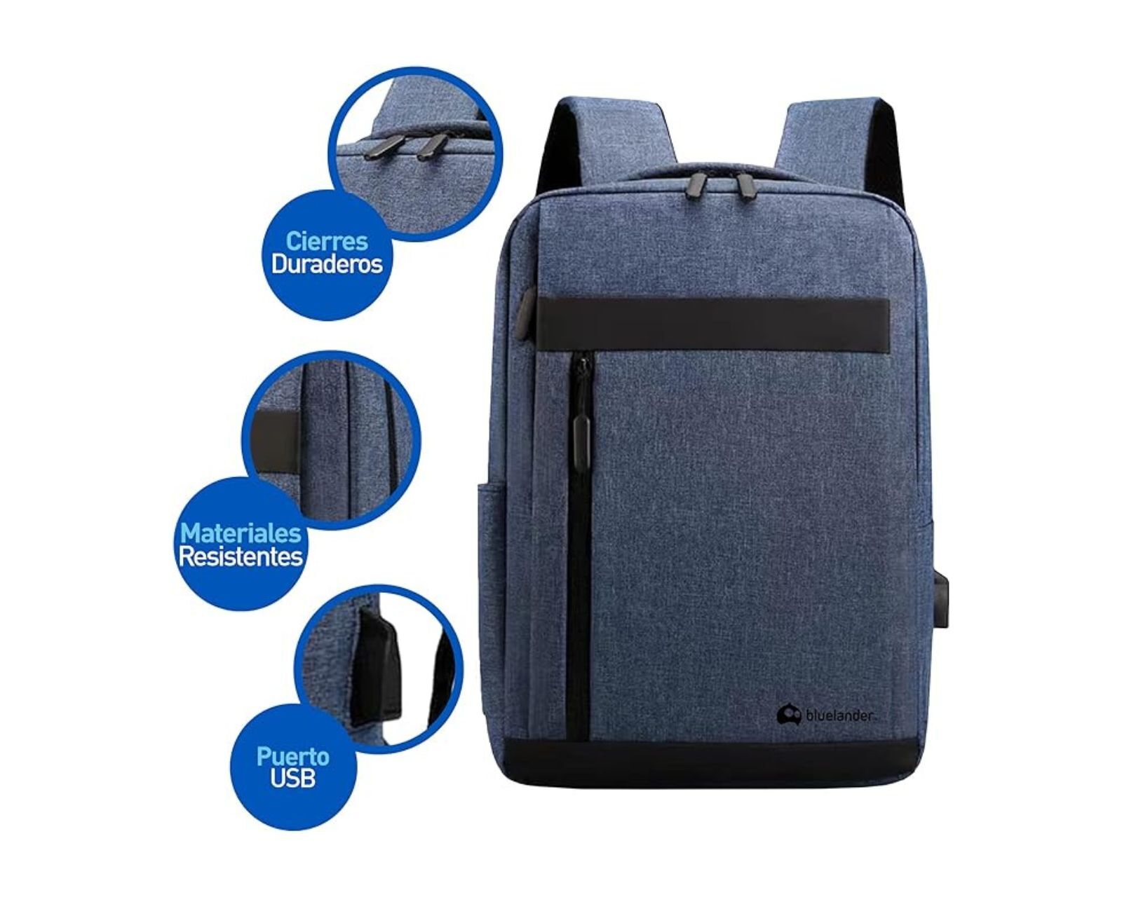 Foto 3 | Mochila Bluelander para Laptop de 15" con Puerto USB para Power Bank Impermeable Azul