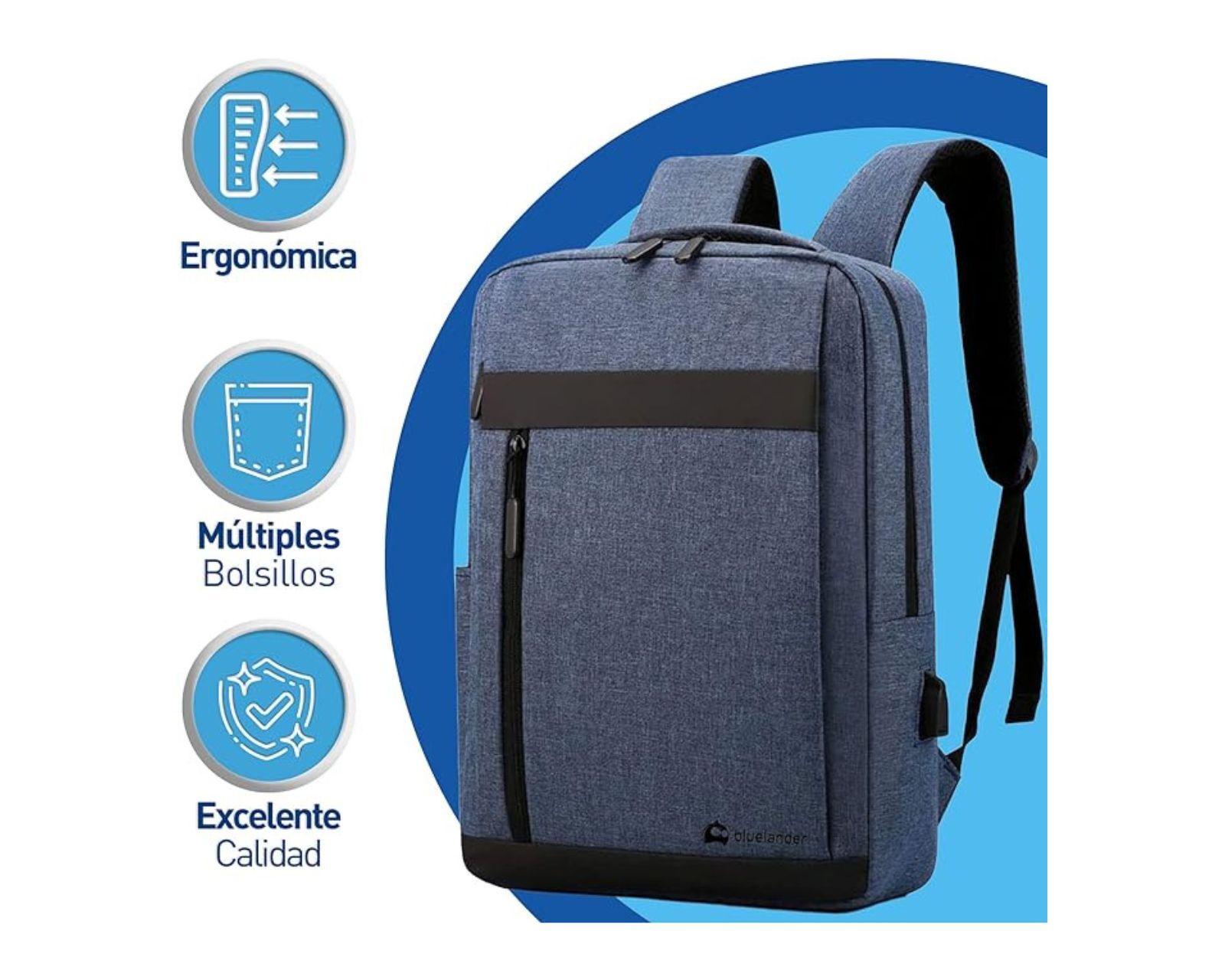Foto 4 | Mochila Bluelander para Laptop de 15" con Puerto USB para Power Bank Impermeable Azul