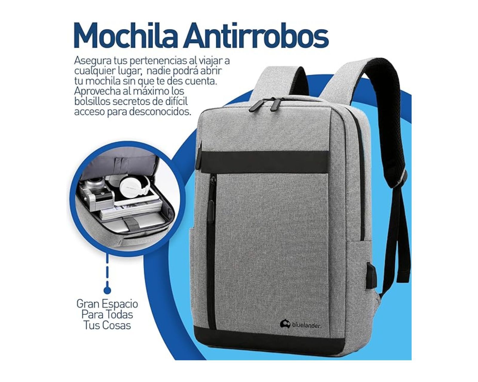 Foto 3 pulgar | Mochila Bluelander para Laptop de hasta 15 pulgadas con Puerto USB y Diseño Impermeable