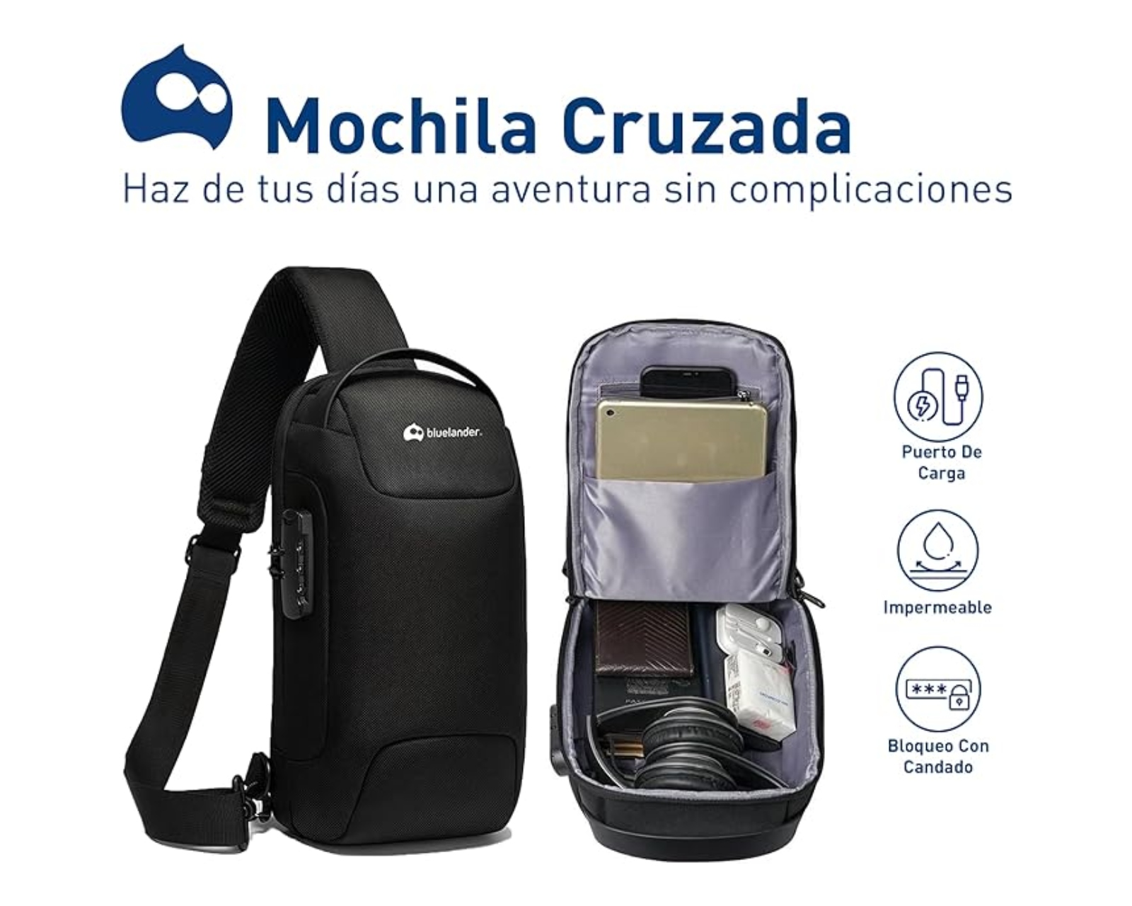 Foto 3 pulgar | Mochila Antirrobo Cruzada Bluelander con Puerto USB y Diseño Impermeable