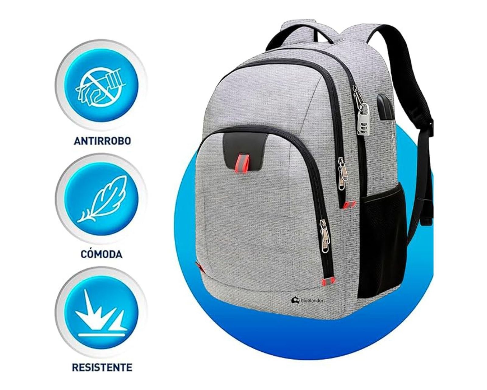 Foto 4 pulgar | Mochila para Laptop Bluelander Candado Antirrobo Puerto USB Auxiliar para Auriculares Impermeable