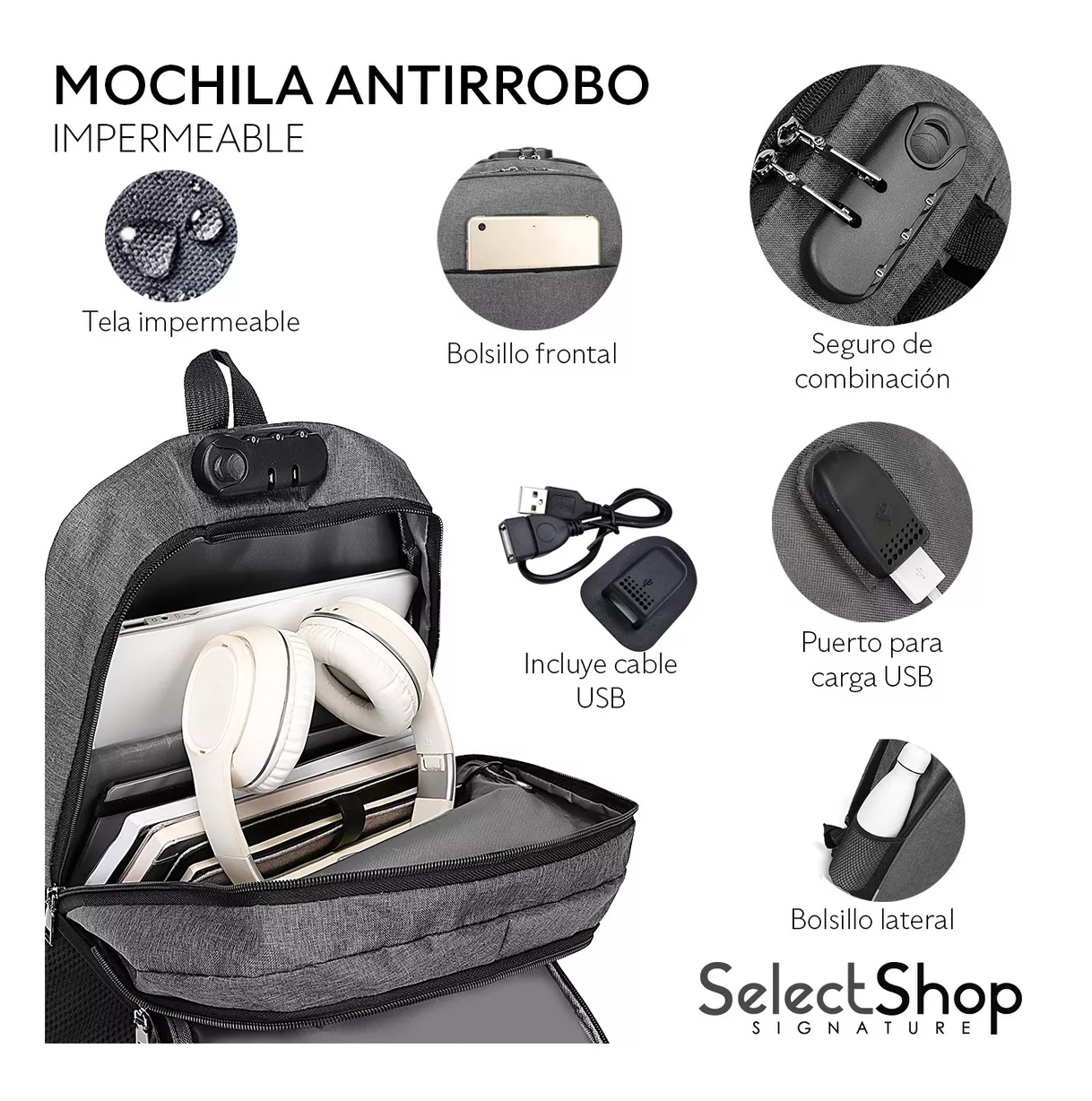 Foto 3 pulgar | Mochila Antirrobo Escolar SelectShop con Contraseña y Usb Gris