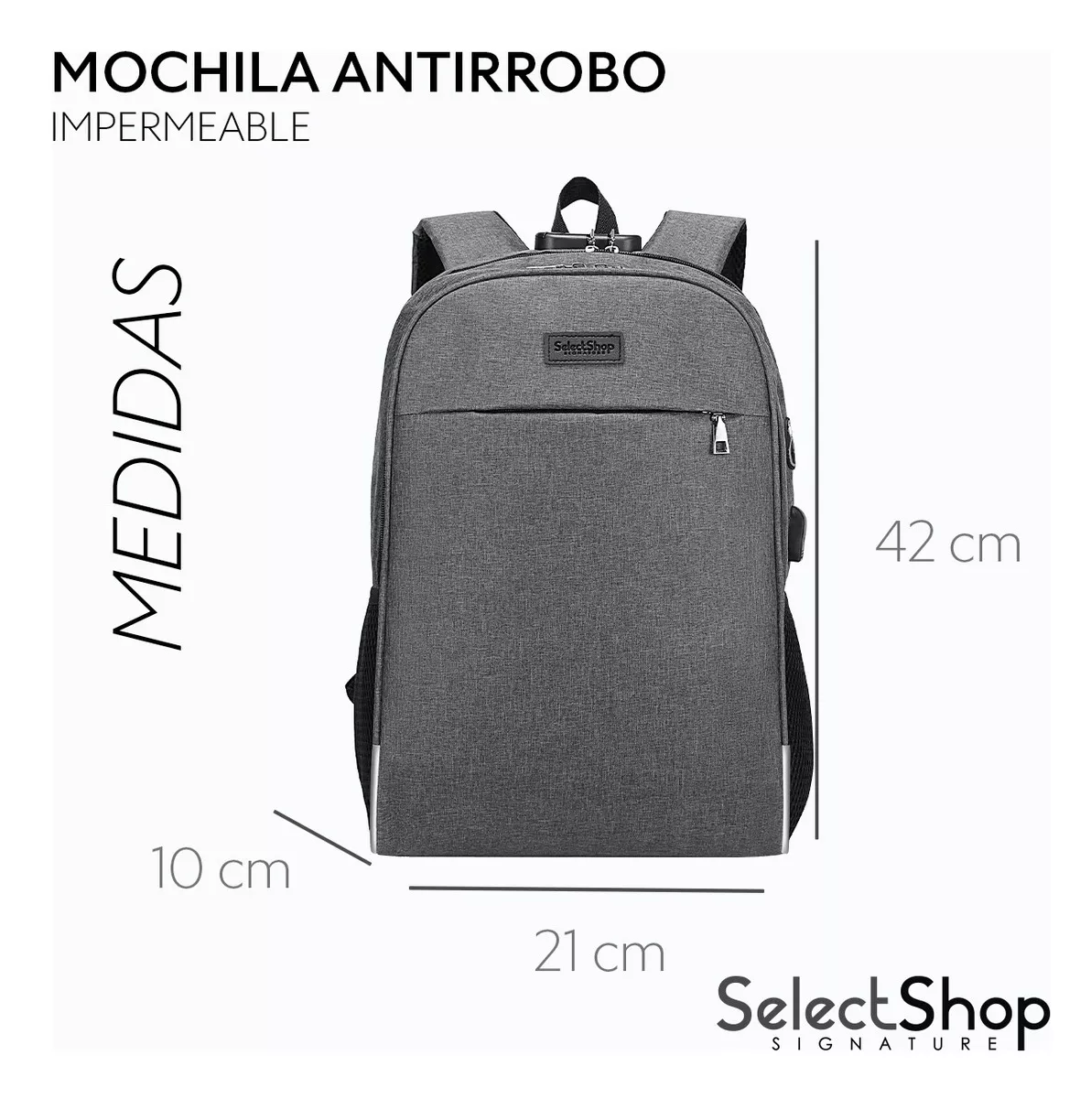 Foto 4 pulgar | Mochila Antirrobo Escolar SelectShop con Contraseña y Usb Gris