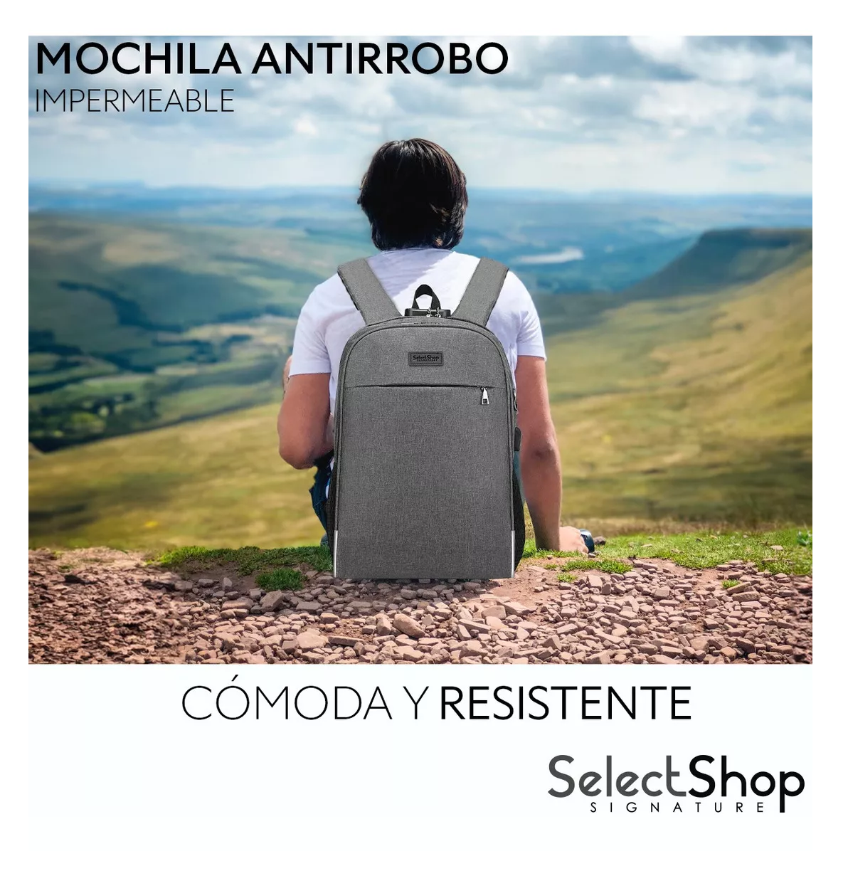 Foto 5 pulgar | Mochila Antirrobo Escolar SelectShop con Contraseña y Usb Gris
