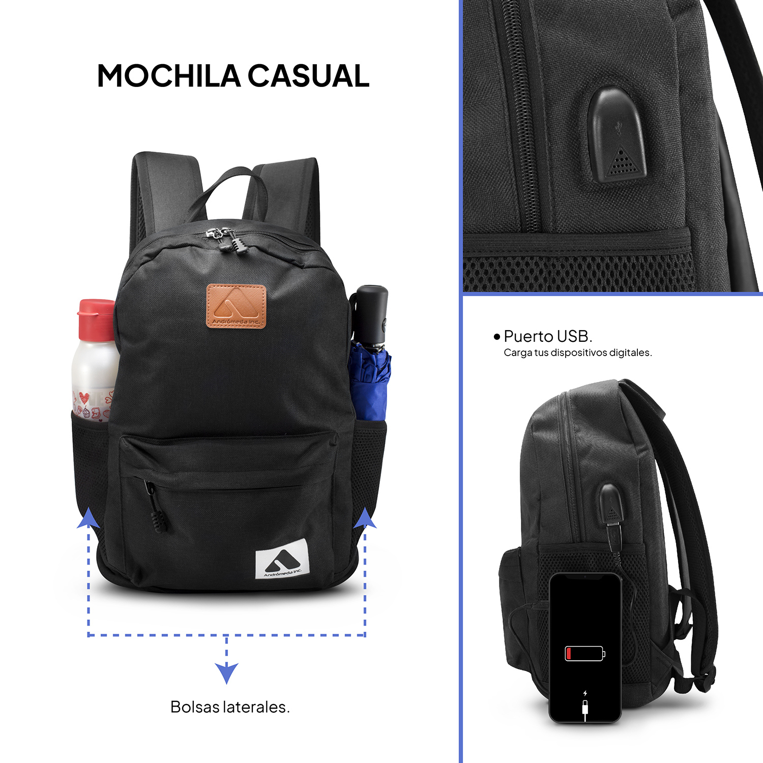 Foto 7 pulgar | Mochila En Color Negro Con Diseño Casual Para Lap Top Con Carga Usb