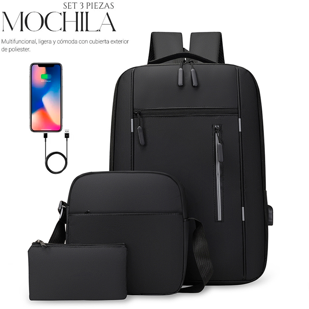 Foto 2 pulgar | Mochilas Backpack Impermeable Puerto Usb Set 3pzs Negro