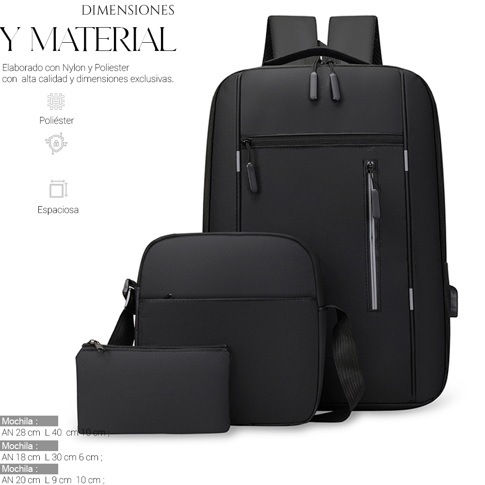 Foto 6 | Mochilas Backpack Impermeable Puerto Usb Set 3pzs Negro