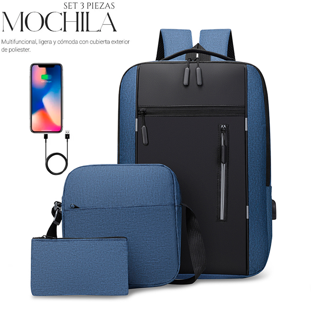 Foto 2 pulgar | Mochilas Backpack Impermeable Puerto Usb Set 3pzs Azul