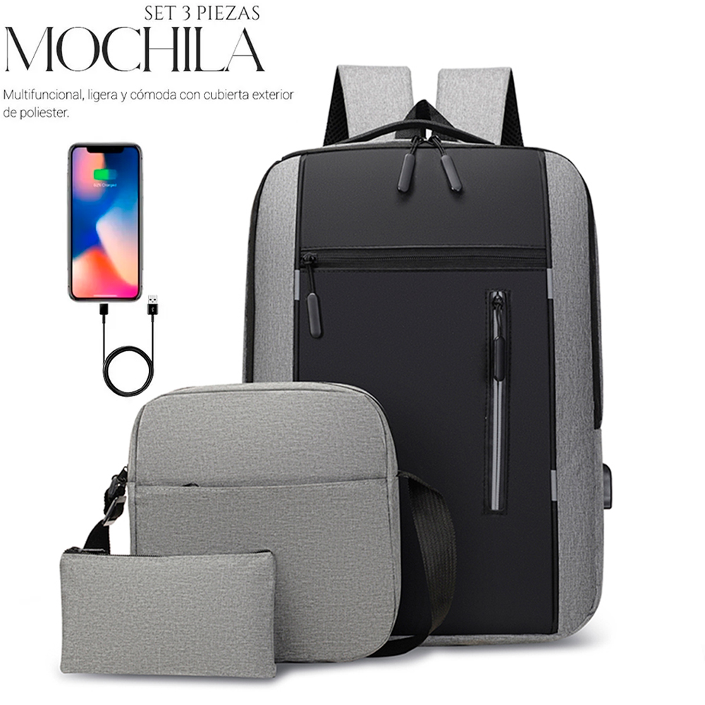 Foto 2 pulgar | Mochilas Backpack Impermeable Puerto Usb Set 3pzs Gris