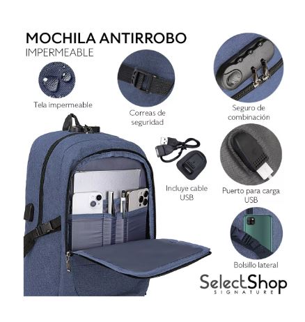 Foto 3 pulgar | Mochila Antirrobo Impermeable Escolar Con Contraseña Y Usb Color Azul Diseño De La Tela Ea4c