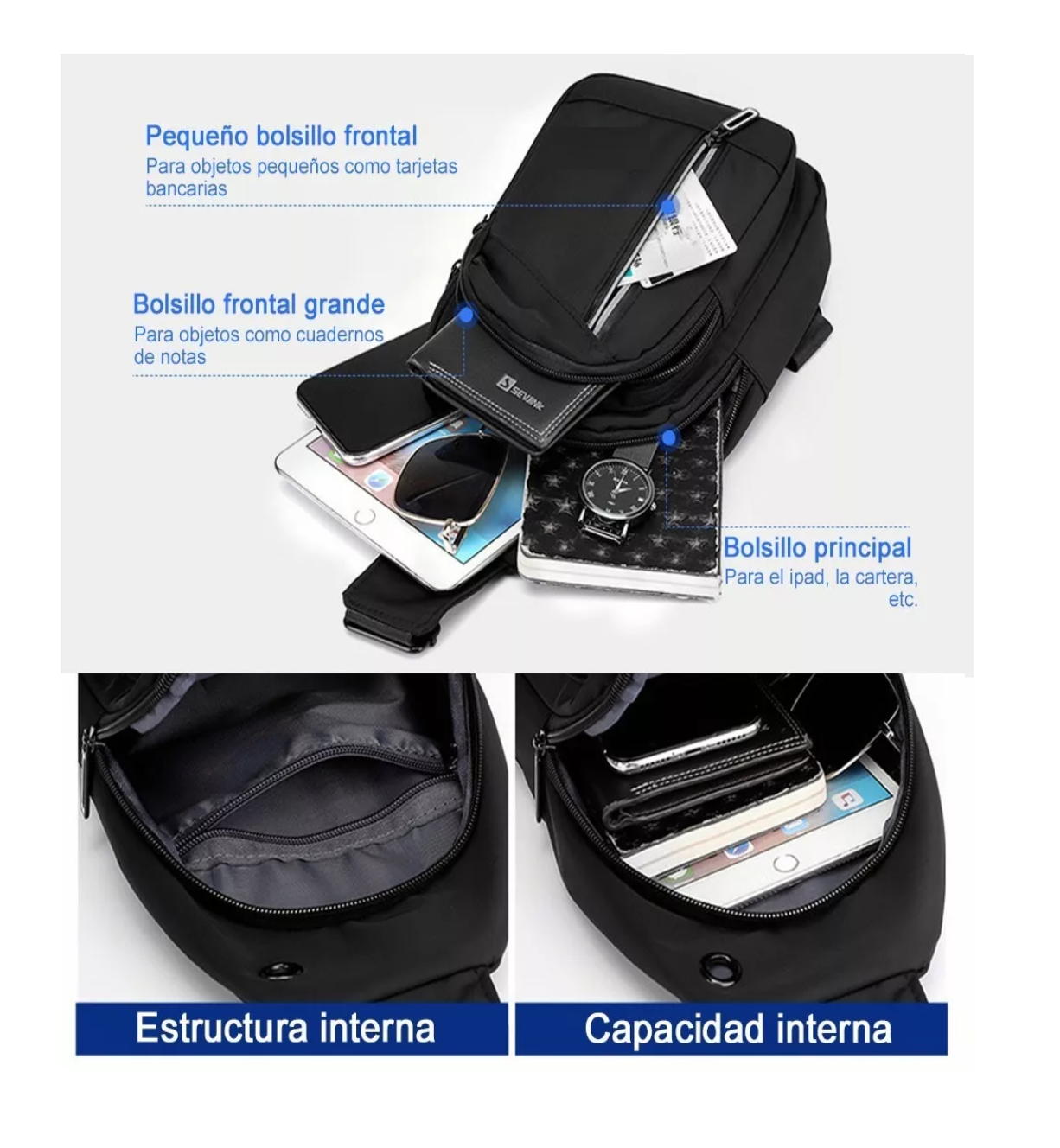 Foto 5 pulgar | Pechera Mochila Impermeable Multifunción Cruzada Hombro Negro