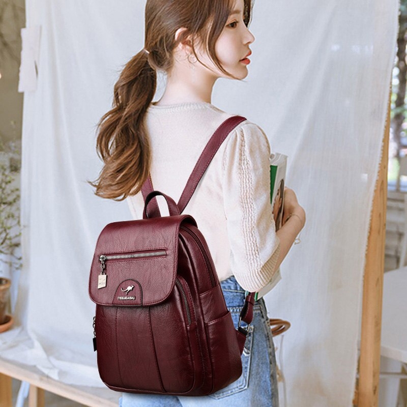 Foto 4 pulgar | Mochila Lanyibai De Piel Auténtica Para Mujer, Color Negro/vino Tinto/p - Venta Internacional.