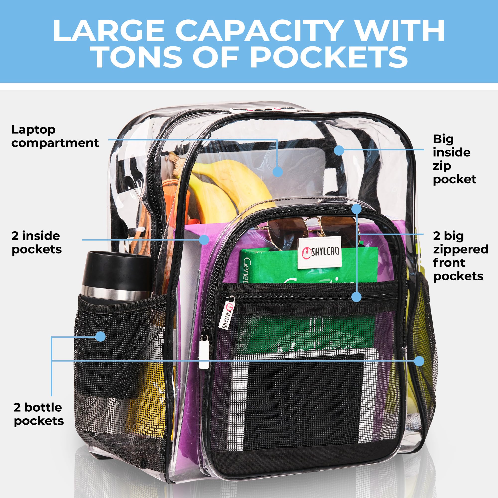 Foto 4 pulgar | Mochila Shylero Clear X-large 32l con Cierre TSA Negra - Venta Internacional