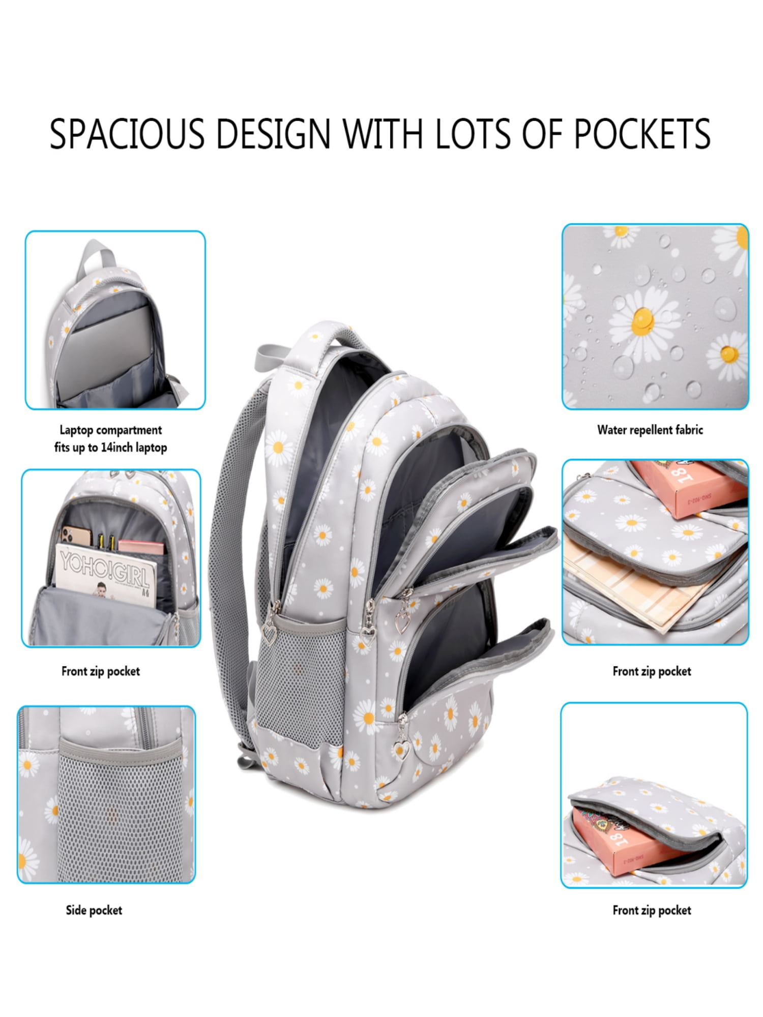 Foto 7 pulgar | Mochila Forestfish Grey Daisy con Lonchera y Bolígrafos para Niña - Venta Internacional