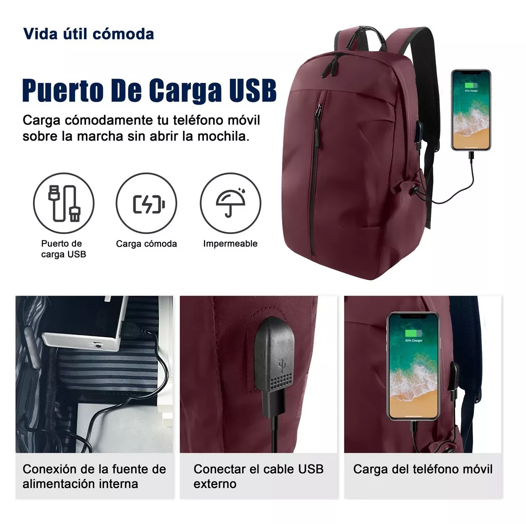 Foto 3 pulgar | Mochila Belug Vino para Laptop con Cargador USB