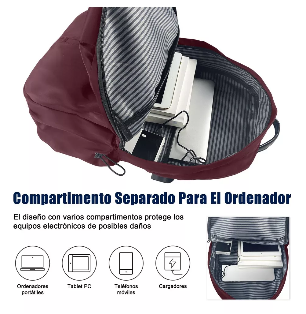 Foto 6 pulgar | Mochila Belug Vino para Laptop con Cargador USB