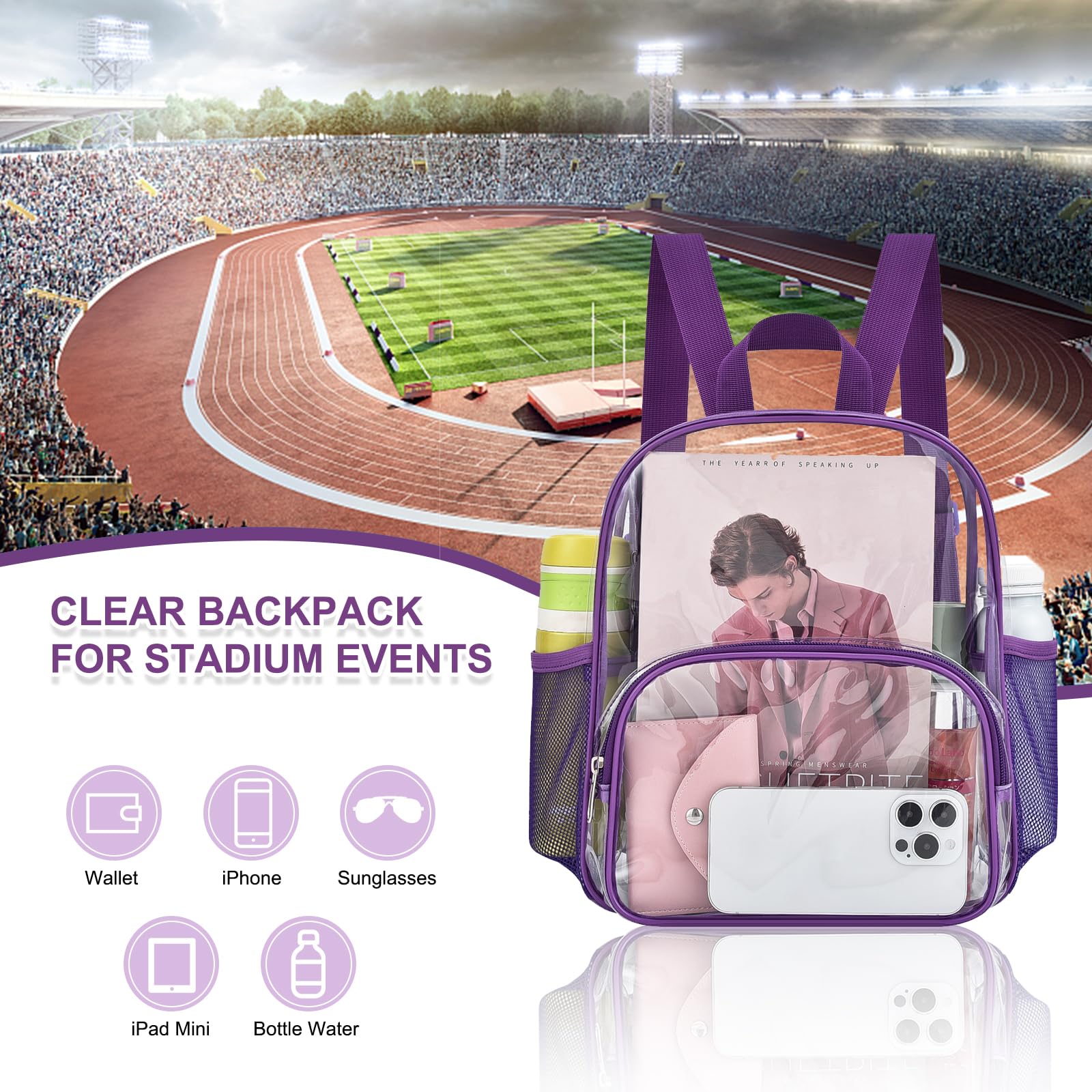 Foto 4 pulgar | Mochila Transparente Morada Busiuw para Eventos de 30 x 30 x 15 cm - Venta Internacional