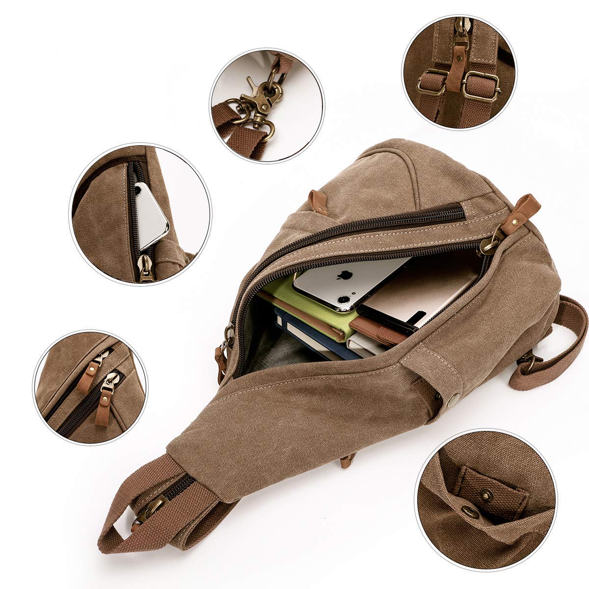 Foto 5 pulgar | Mochila Bandolera Pequeña de Lona Tipo Bandolera Café - Venta Internacional