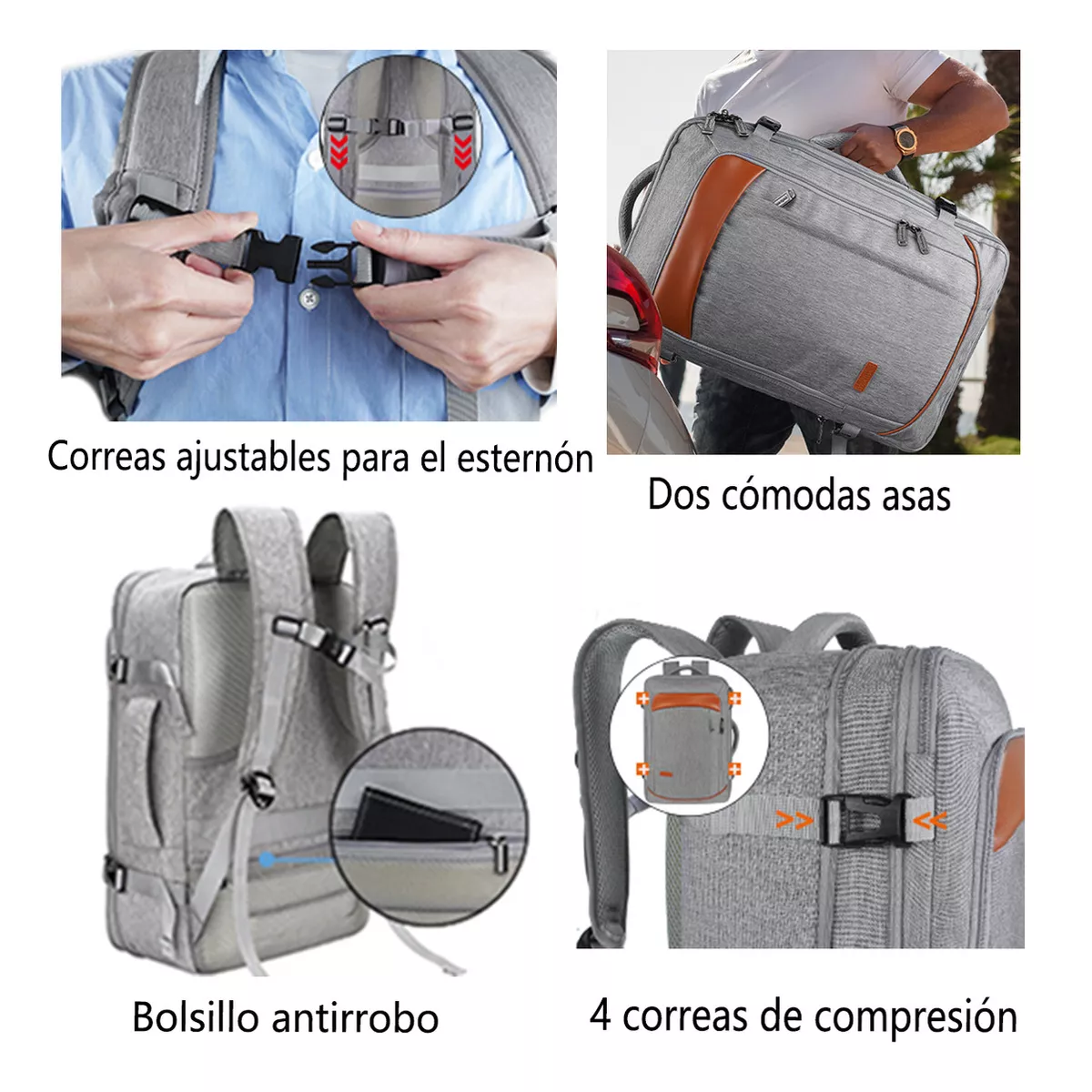 Foto 3 | Mochila De Viaje Vancropak 1215 Mochilas De Viaje 50l Mochila Viaje Con Tres Bolsos Gris Y Naranja