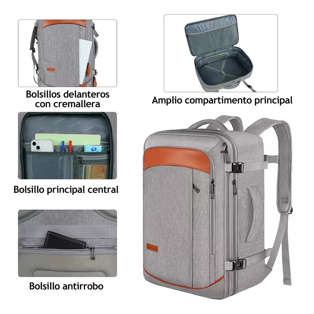 Foto 4 | Mochila De Viaje Vancropak 1215 Mochilas De Viaje 50l Mochila Viaje Con Tres Bolsos Gris Y Naranja