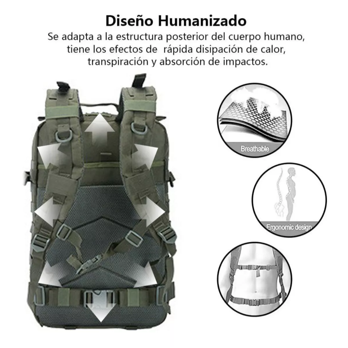 Foto 3 | Mochila Táctica Multifuncional Negra Para Exteriores De 45 L Verde