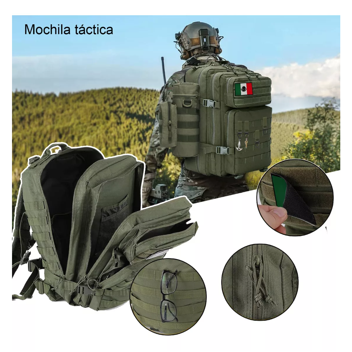 Foto 4 | Mochila Táctica Multifuncional Negra Para Exteriores De 45 L Verde