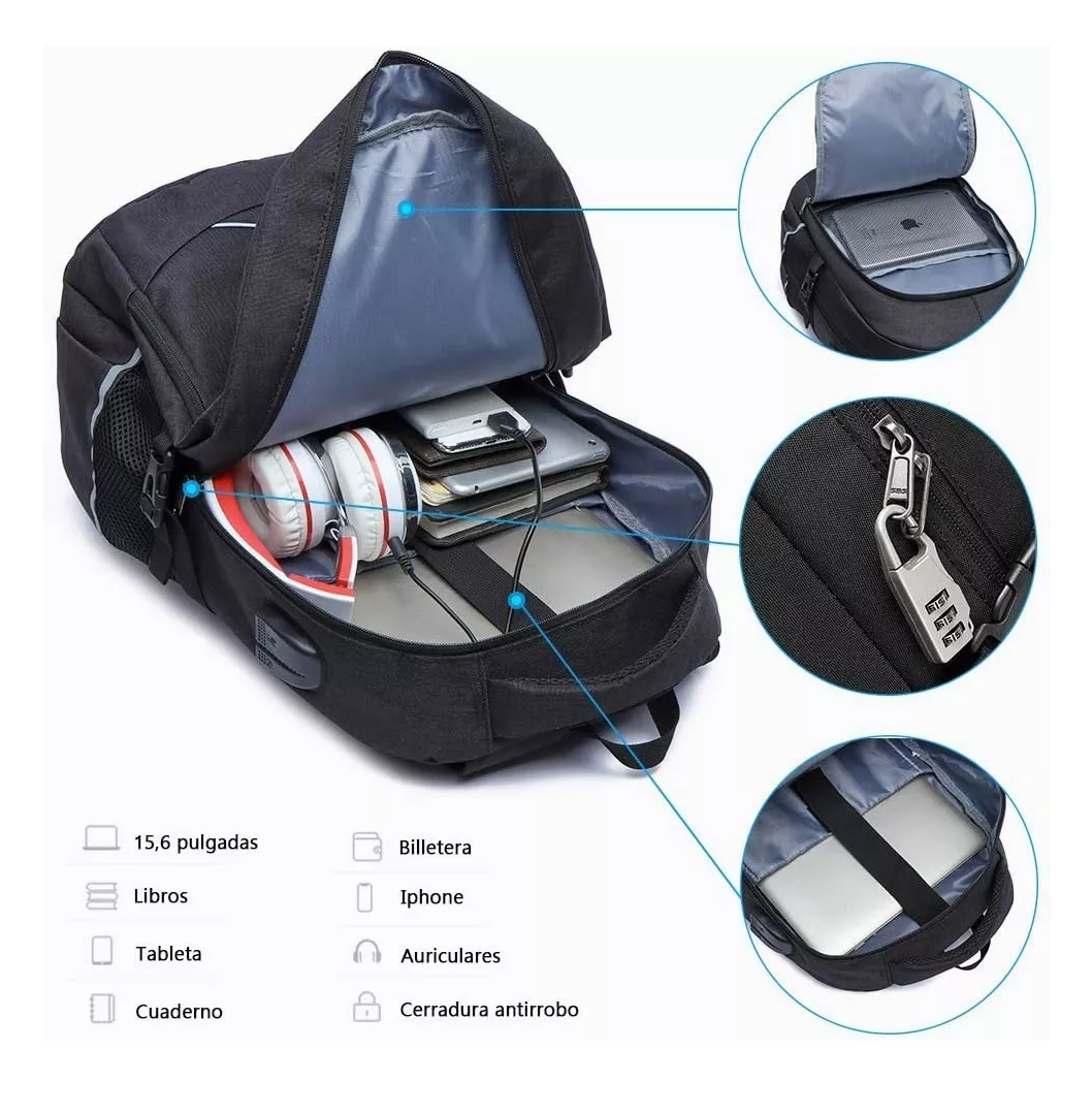 Foto 4 pulgar | Mochila Antirrobo con Cargador USB 35L en Negro