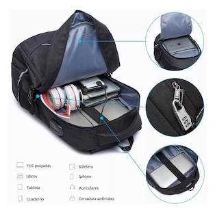 Foto 3 | Mochila Antirrobo con Cargador USB 35L en Negro