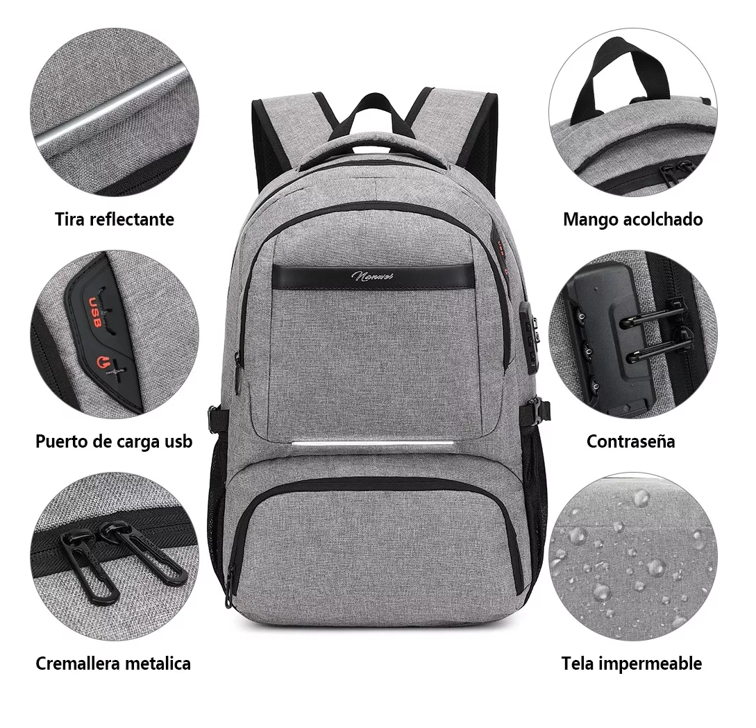 Foto 3 pulgar | Mochila de Almuerzo Nanwei Gris Antirrobo Impermeable para Portátil 15,6"