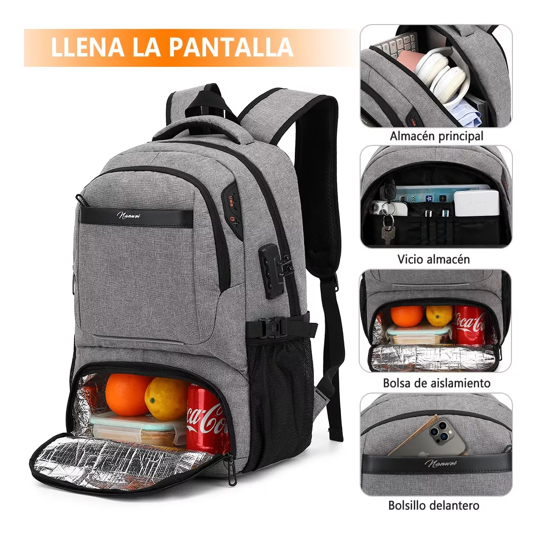 Foto 4 pulgar | Mochila de Almuerzo Nanwei Gris Antirrobo Impermeable para Portátil 15,6"