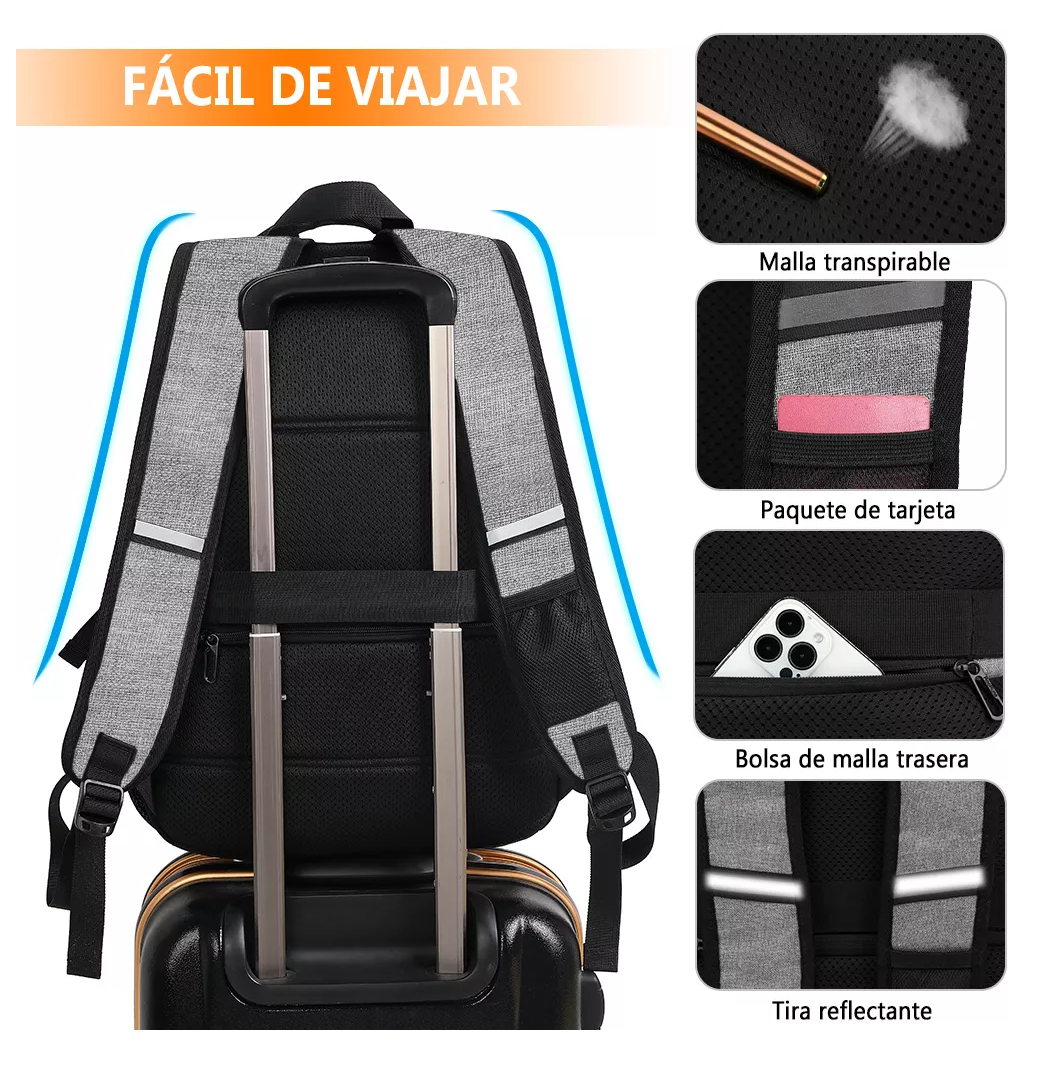 Foto 5 pulgar | Mochila de Almuerzo Nanwei Gris Antirrobo Impermeable para Portátil 15,6"