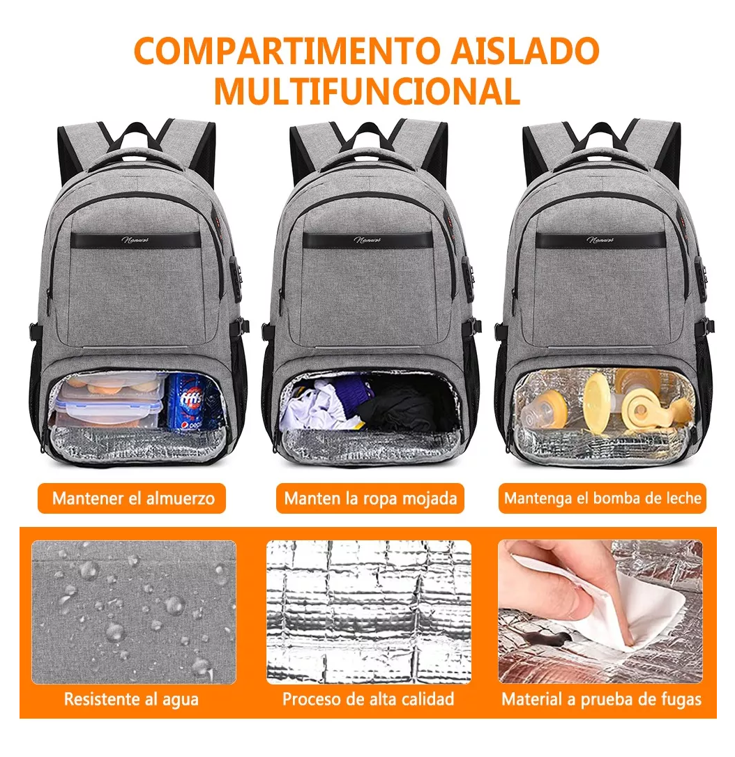 Foto 6 pulgar | Mochila de Almuerzo Nanwei Gris Antirrobo Impermeable para Portátil 15,6"