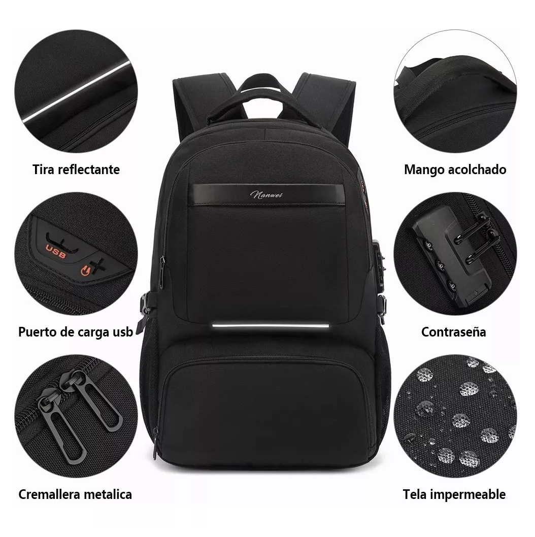 Foto 2 | Mochila De Almuerzo Nanwei Antirrobo Impermeable  Portátil 15,6i Color Negro