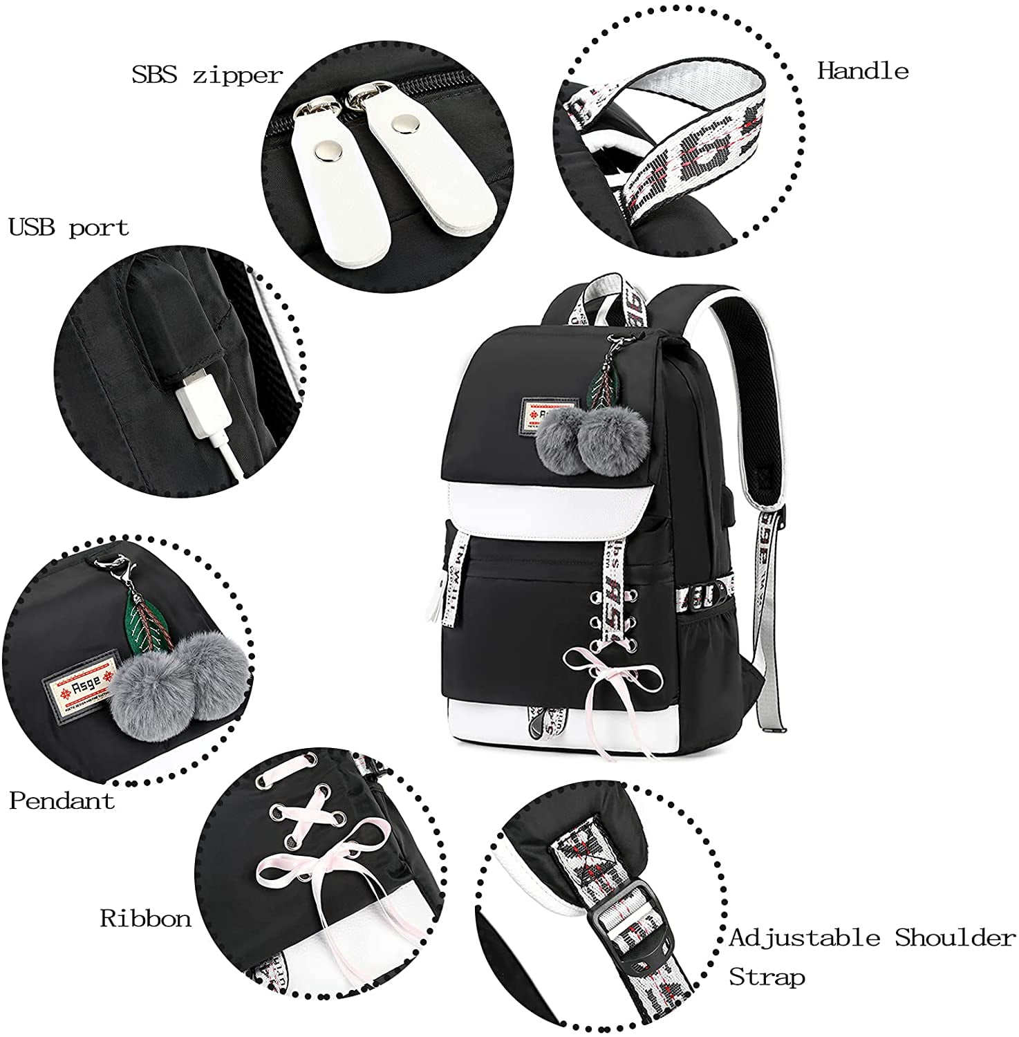 Foto 5 pulgar | Mochila Generic Asge de Nailon Negro - Venta Internacional