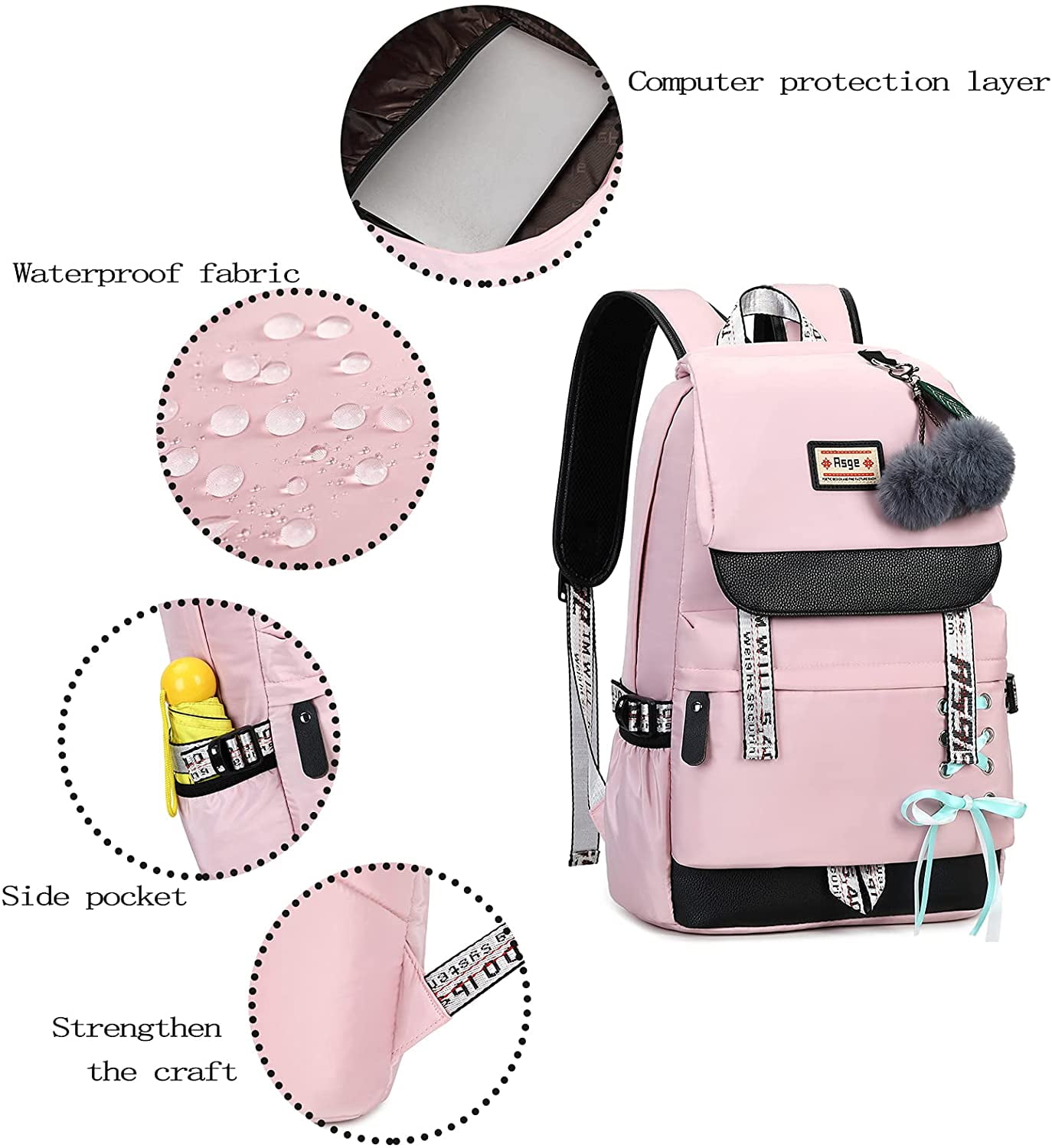 Foto 6 pulgar | Mochila Generic Asge Casual de Nailon Rosa - Venta Internacional