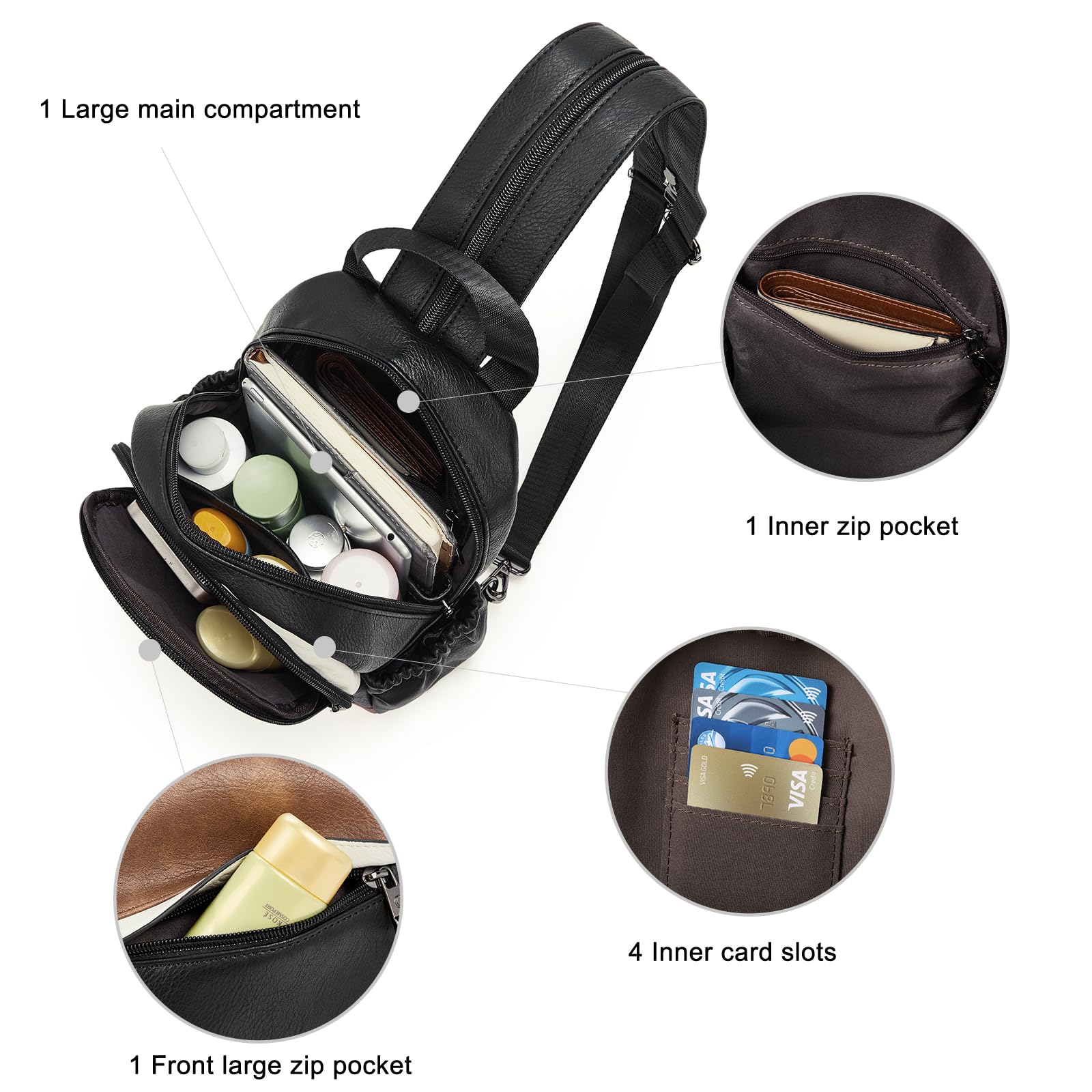 Foto 5 | Mochila Tipo Bandolera Cluci Para Mujer, De Piel, Convertible, Color Negro - Venta Internacional.