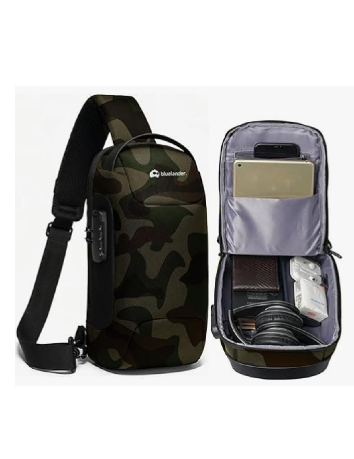 Foto 3 pulgar | Mochila Antirrobo Cruzada Resistente Al Agua Con Puerto Usb Camuflaje Verde Bluelander