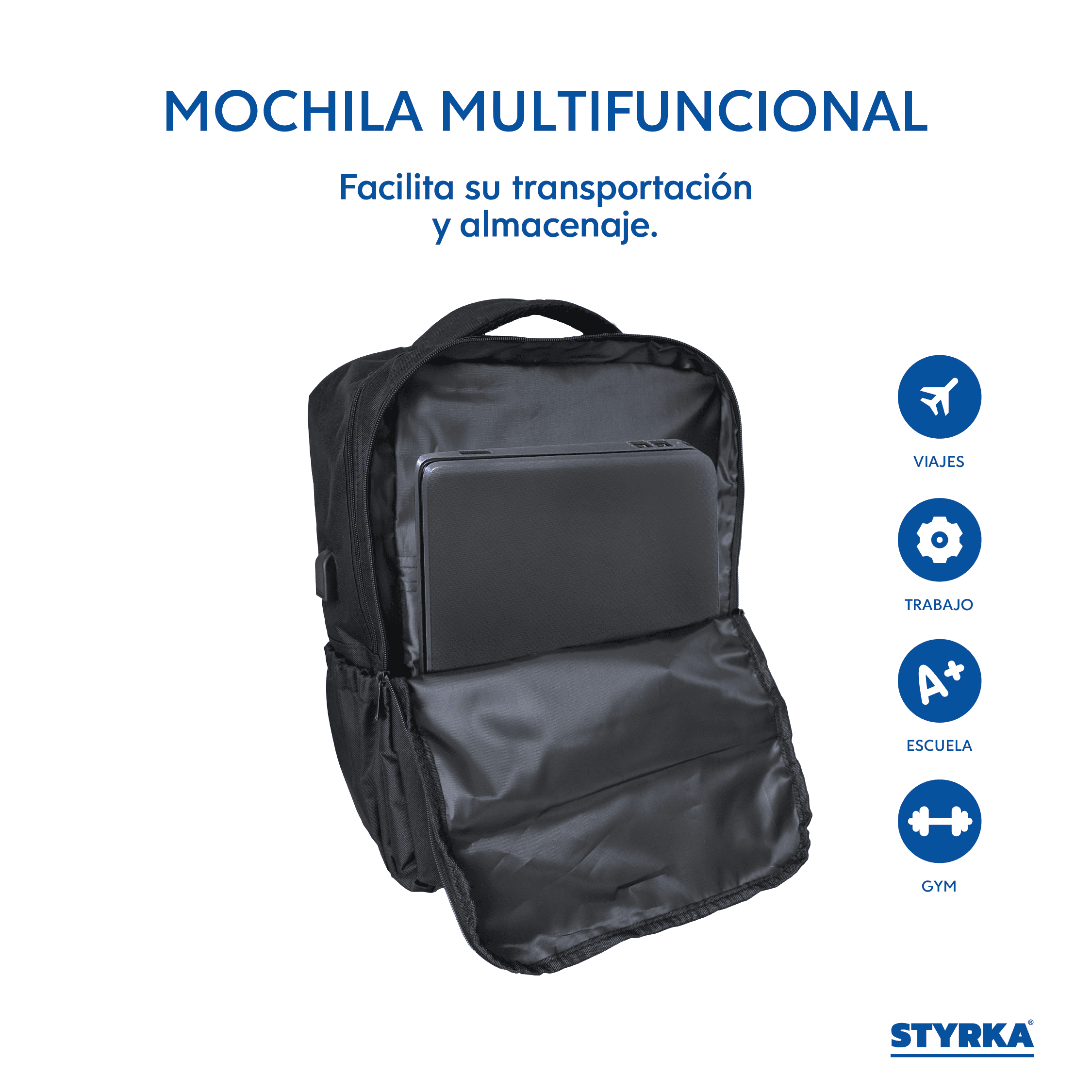 Foto 4 pulgar | Mochila Para Laptop Grande Styrka Color Negro Multicompartimento Puerto Usb
