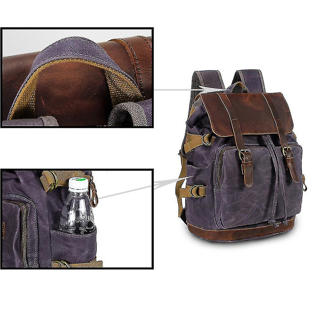 Foto 4 pulgar | Mochila Huoguo Retro De Lona Impermeable Con Piel Negra - Venta Internacional.