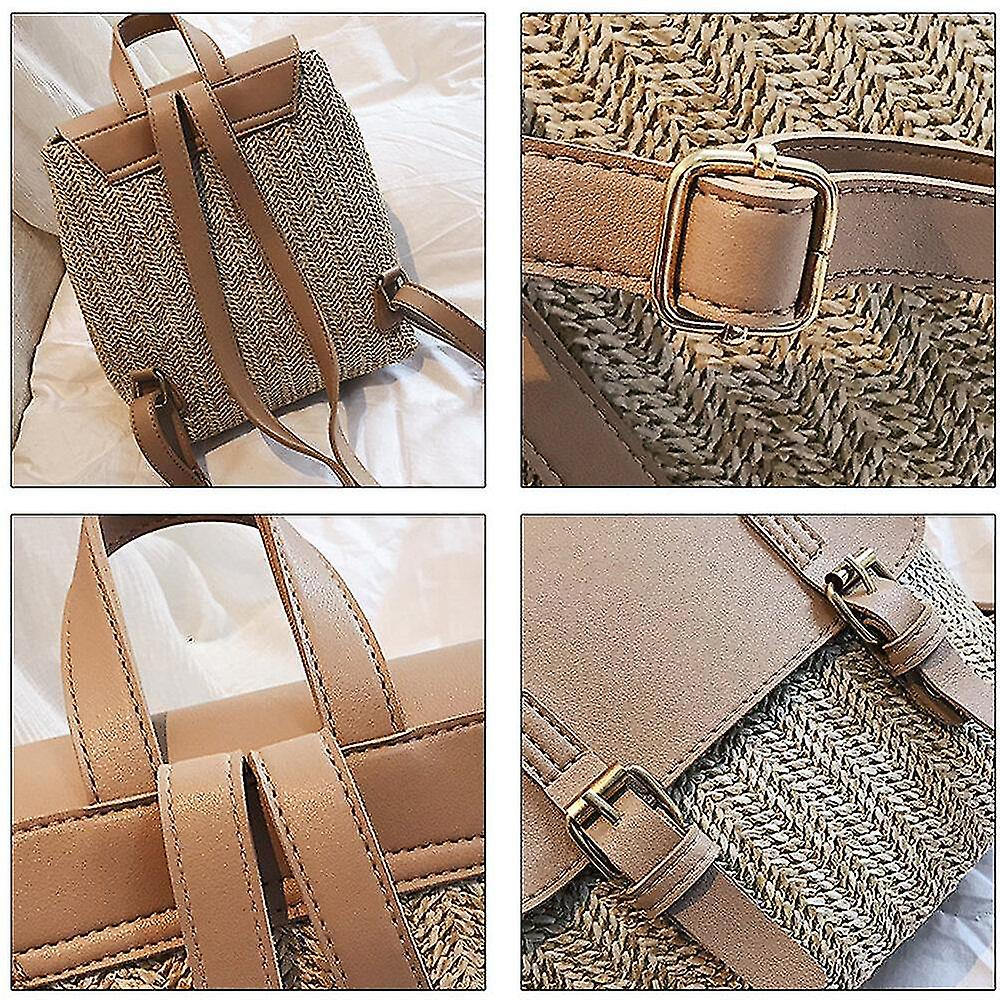 Foto 3 pulgar | Mochila Huoguo Mochila De Piel De Playa Tejida En Paja Para Mujer - Venta Internacional.