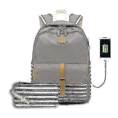 Foto 2 pulgar | Mochila Huoguo De Lona A Rayas Para Estudiantes De Escuela Con Usb Gris - Venta Internacional.