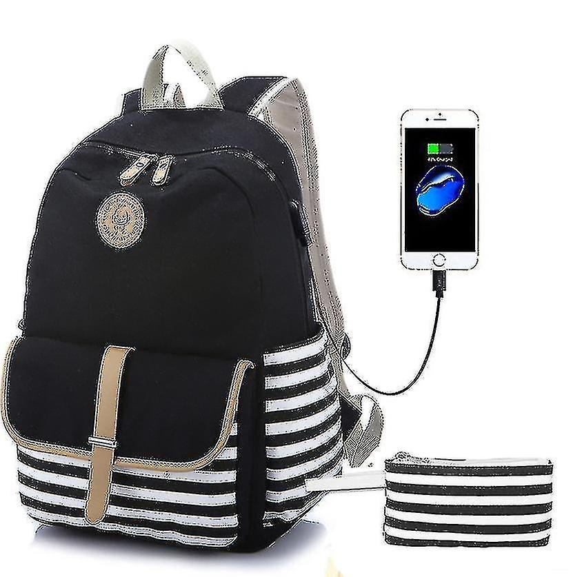Foto 3 pulgar | Mochila Huoguo De Lona A Rayas Para Estudiantes De Escuela Con Usb Gris - Venta Internacional.