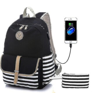 Foto 2 | Mochila Huoguo De Lona A Rayas Para Estudiantes De Escuela Con Usb Gris - Venta Internacional.