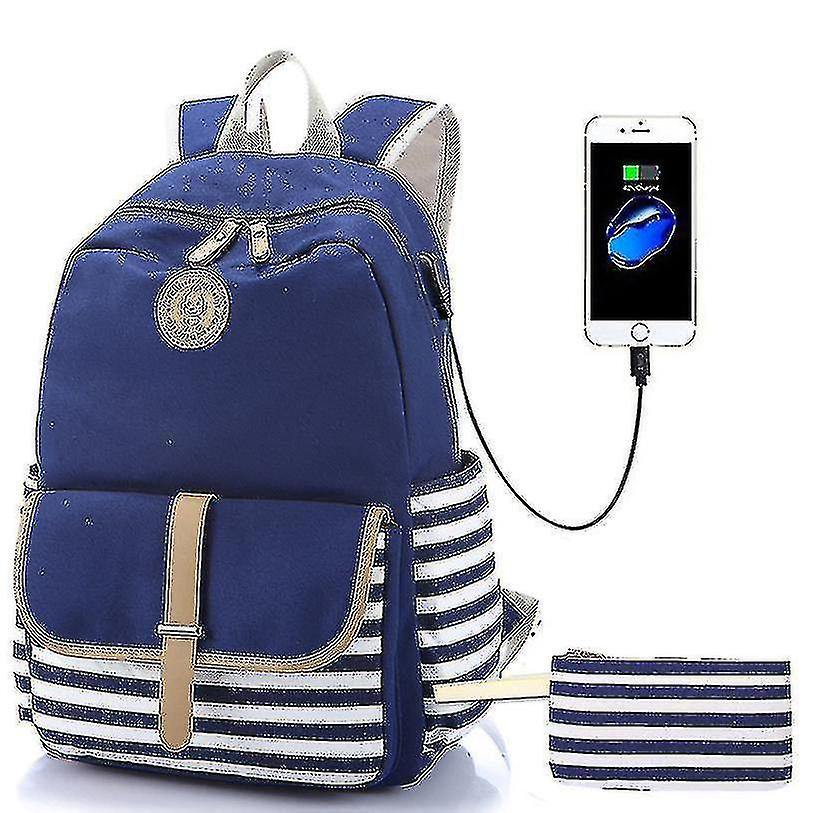 Foto 4 pulgar | Mochila Huoguo De Lona A Rayas Para Estudiantes De Escuela Con Usb Gris - Venta Internacional.