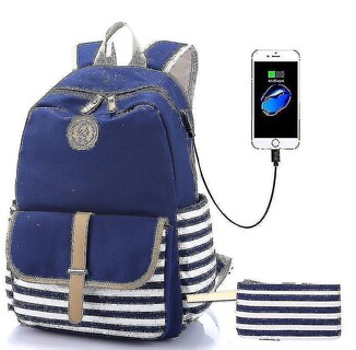 Foto 3 | Mochila Huoguo De Lona A Rayas Para Estudiantes De Escuela Con Usb Gris - Venta Internacional.