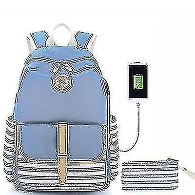 Foto 5 pulgar | Mochila Huoguo De Lona A Rayas Para Estudiantes De Escuela Con Usb Gris - Venta Internacional.