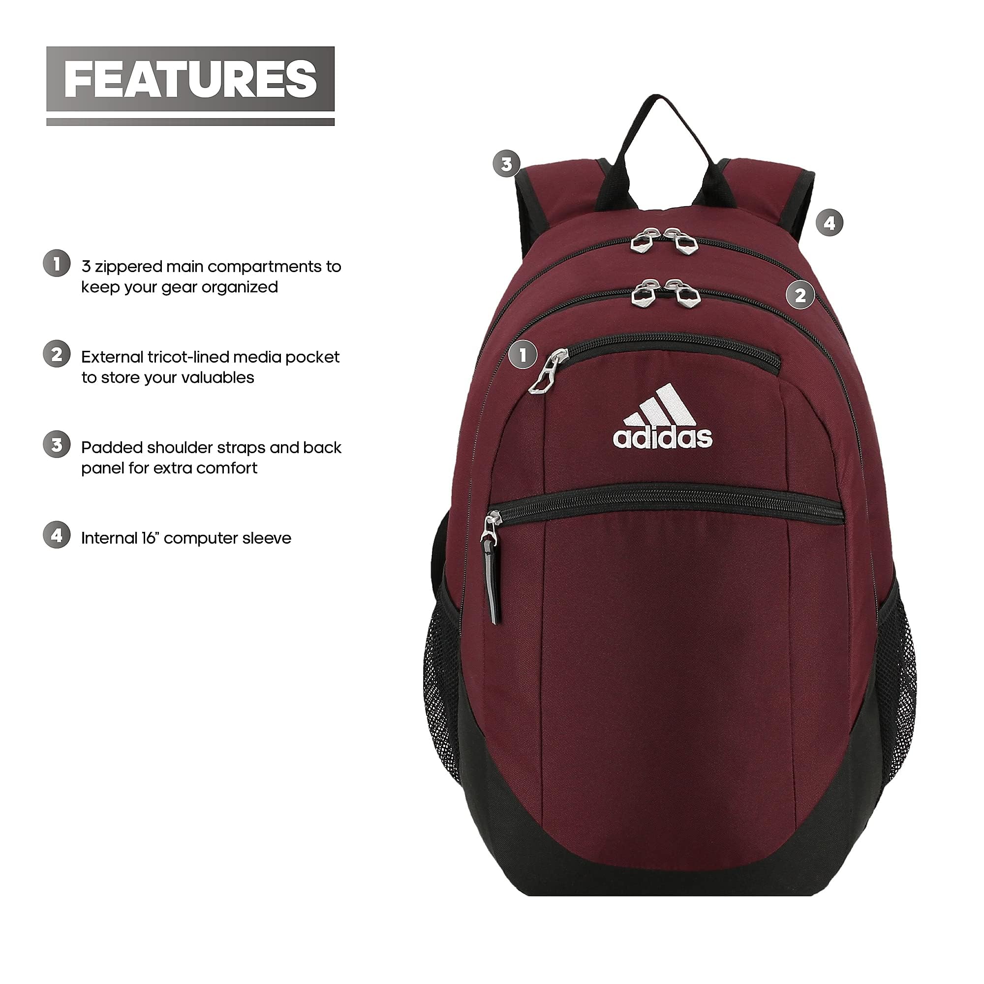 Foto 2 | Mochila Adidas Striker 2 Team Granate/negro/blanco - Venta Internacional.